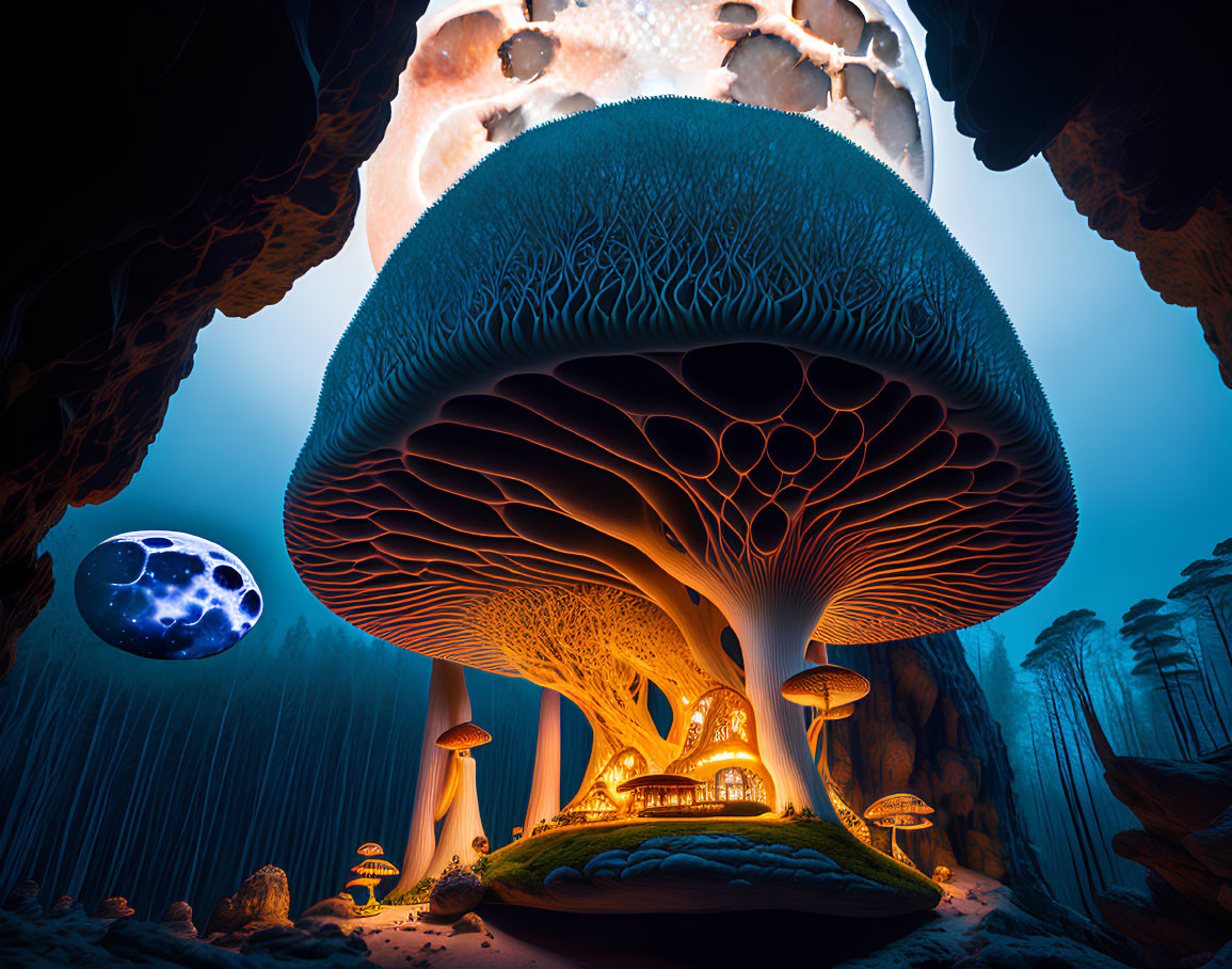 Surreal Landscape with Glowing Mushrooms and Distant Moon