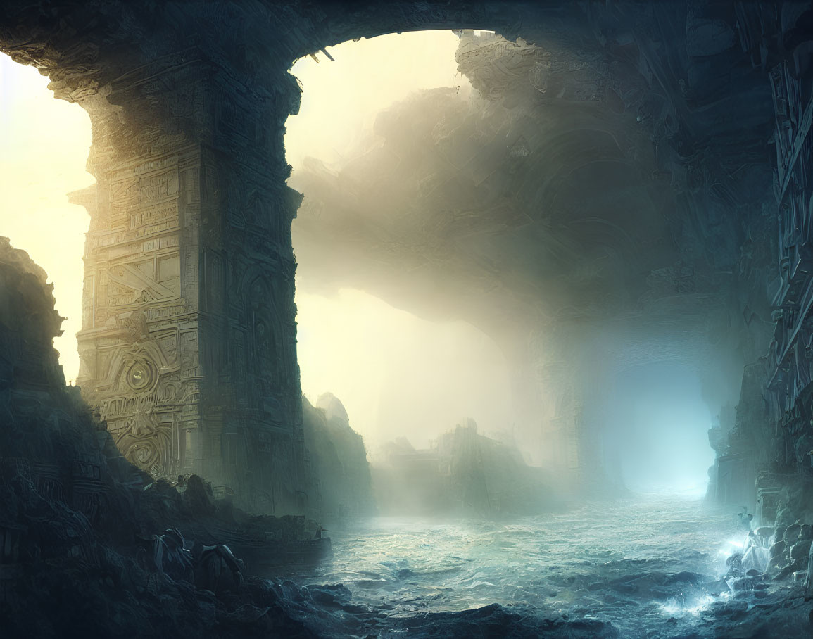 Mysterious cavern ruins by turbulent sea in soft glow