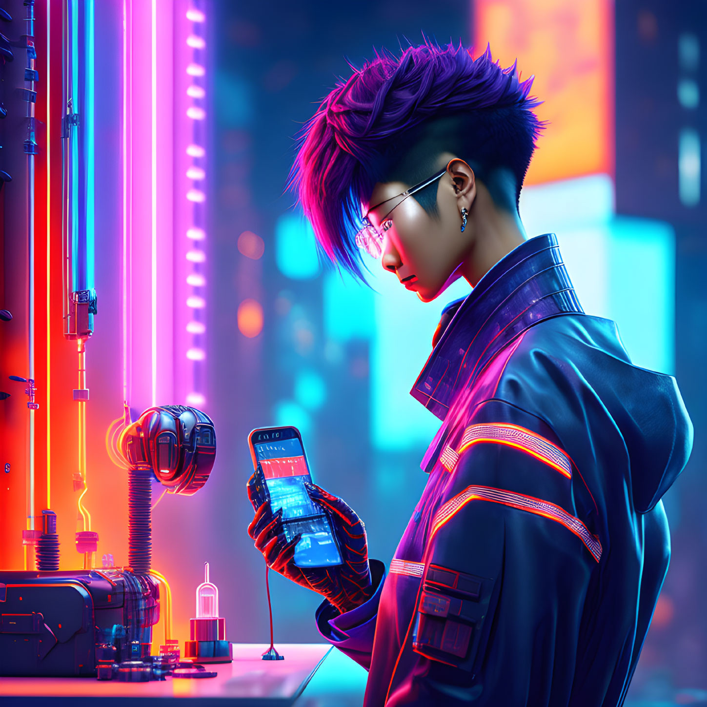 Person with punk hairstyle and glasses in futuristic jacket on smartphone in neon-lit urban setting