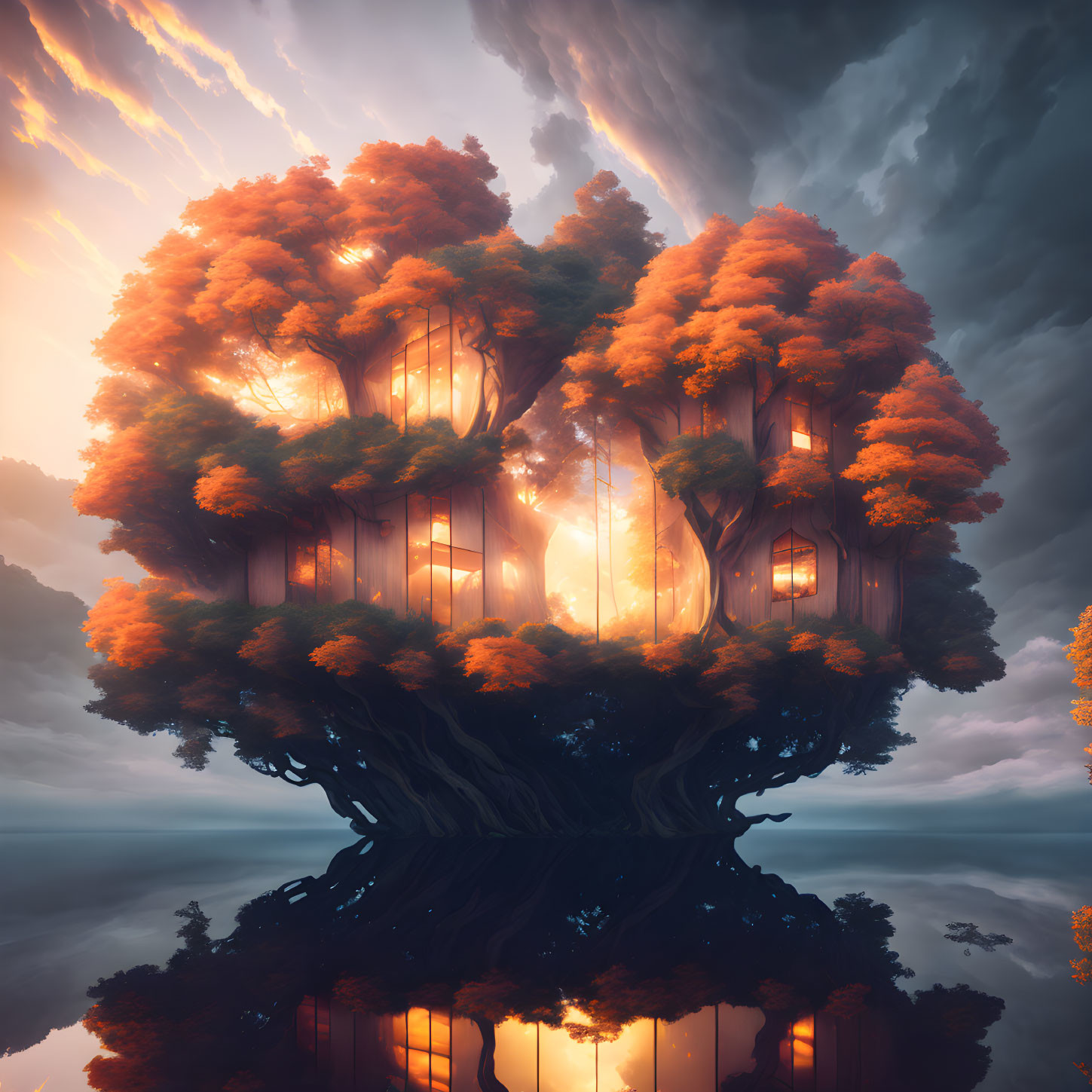 Ethereal tree with glowing windows against dramatic sky