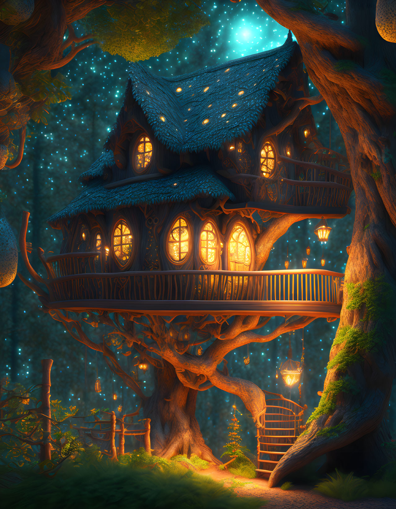 Enchanting treehouse illuminated by warm lights in starry night sky