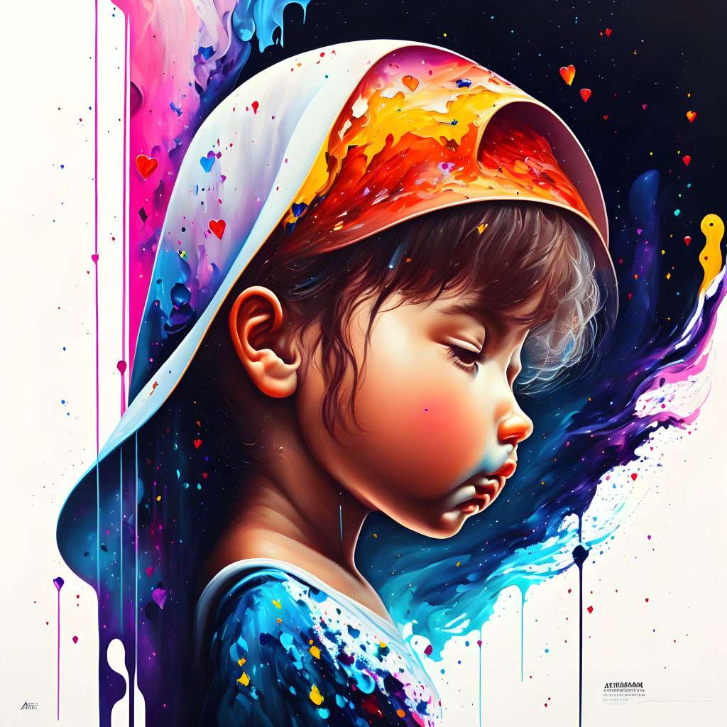 Vibrant digital artwork of a child with cosmic paint blending space and art elements