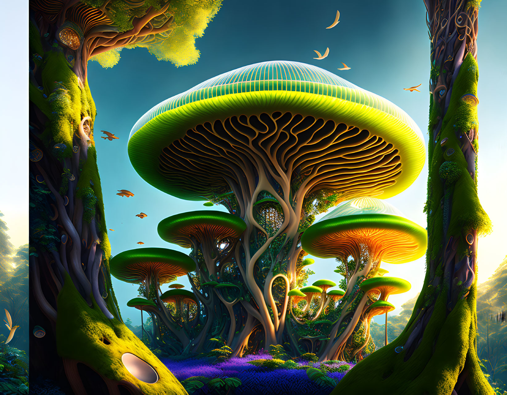 Vibrant otherworldly landscape with oversized luminescent mushrooms