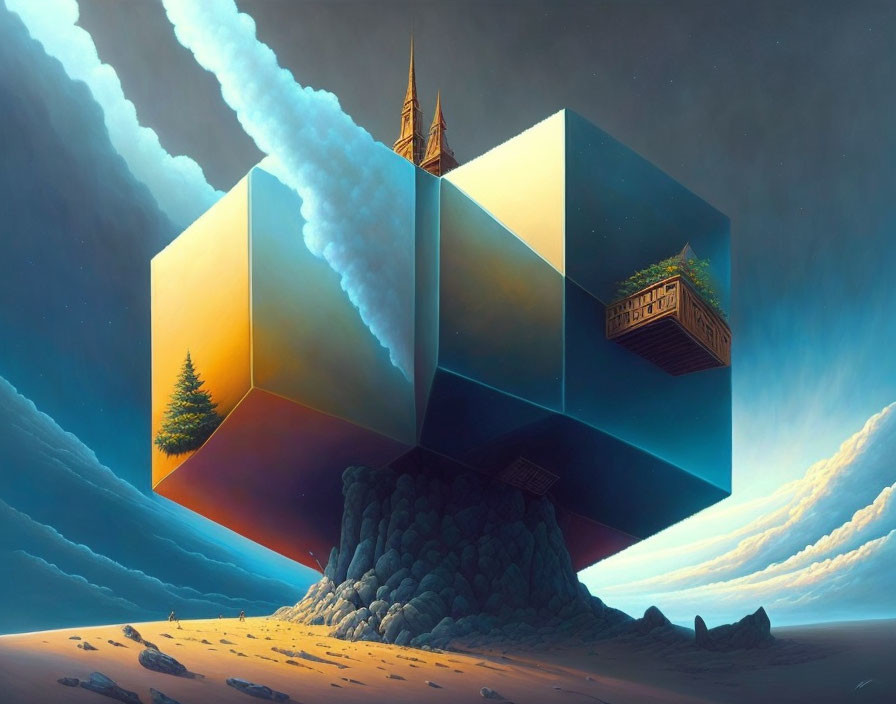 Surreal painting: Floating cube with tree, cliff house, steeple, dramatic sky