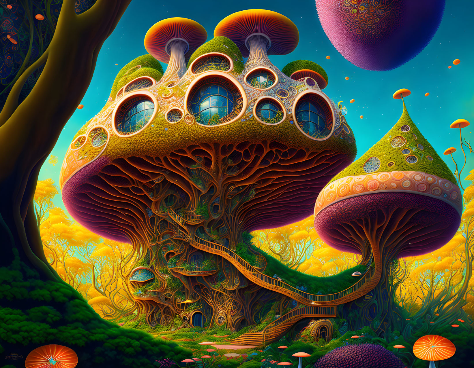 Fantastical landscape with mushroom trees, staircases, and floating orbs.