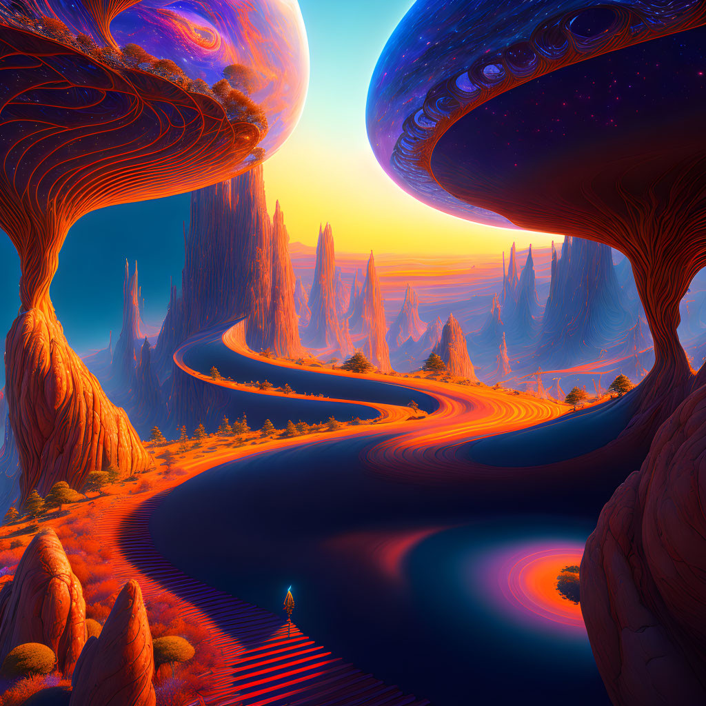 Vibrant surreal landscape with massive mushrooms, winding path, solitary figure, alien sky, giant planets