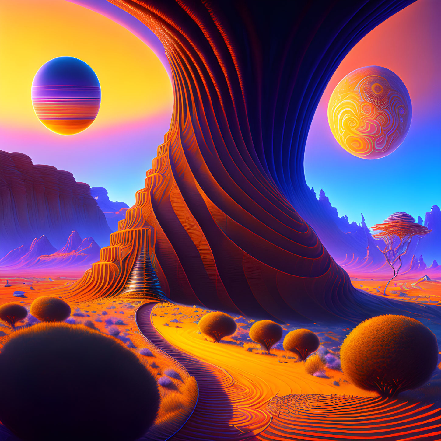 Surreal landscape with celestial bodies, swirling patterns, and stylized trees