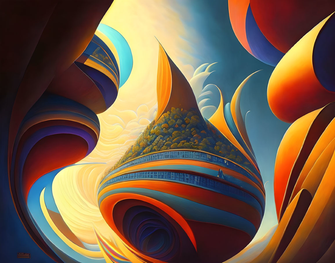 Colorful Surrealist Painting with Swirling Shapes and Floating Island