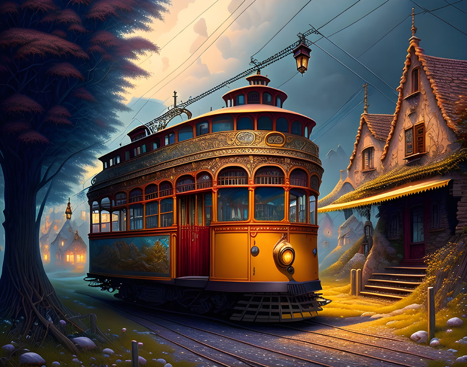 Vintage tram on tracks in twilight village with autumnal ambiance