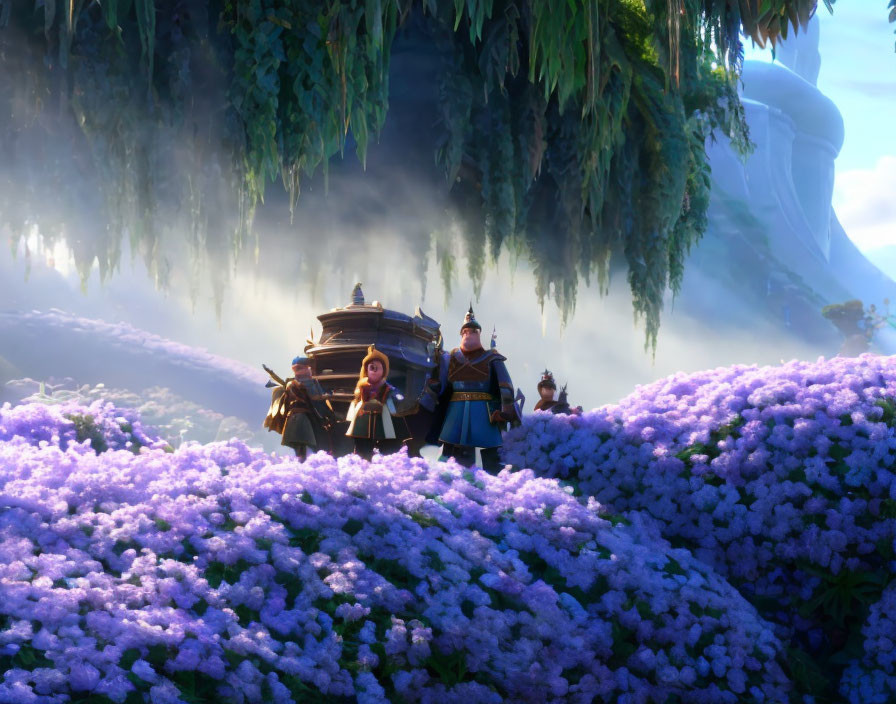 Colorful animated characters in a purple flower field with a magical wagon and foggy forest.