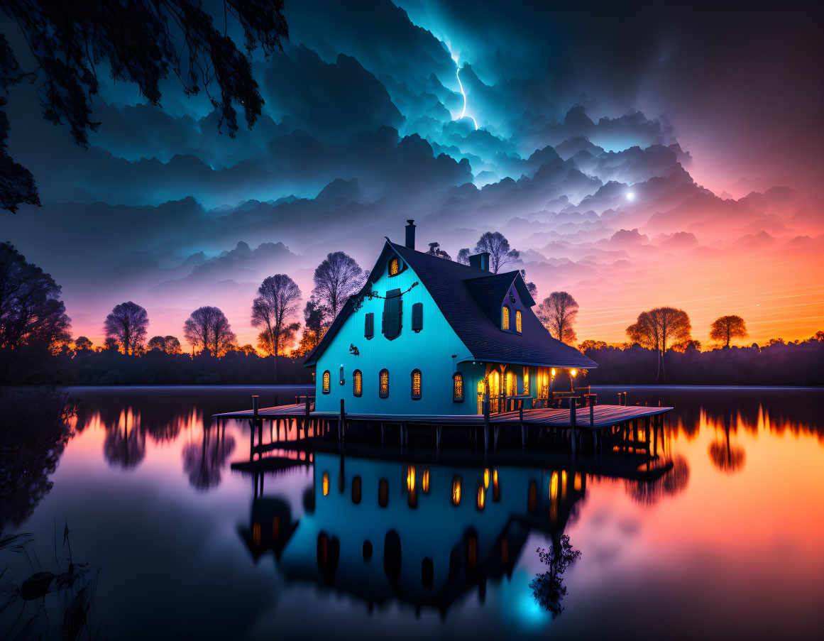 Tranquil lake reflects illuminated house under purple sky