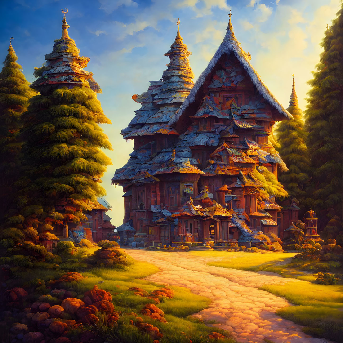 Fantasy landscape with wooden temples and cobblestone path