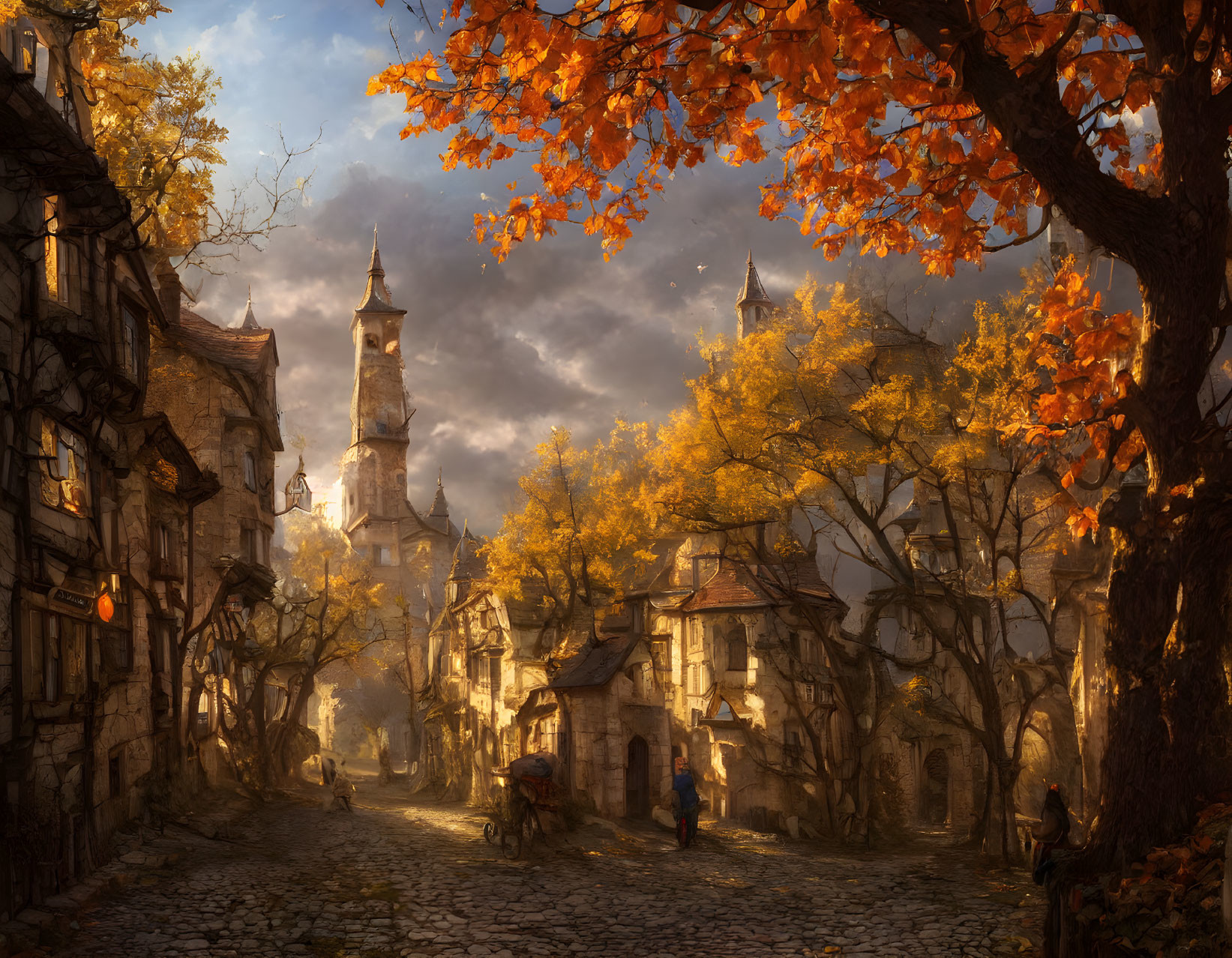 Tranquil Autumn Village with Cobblestone Streets and Golden Leaves
