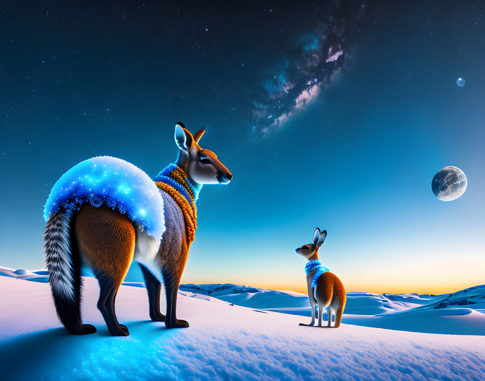 Star-filled Kangaroos in Snowy Landscape under Bright Moon