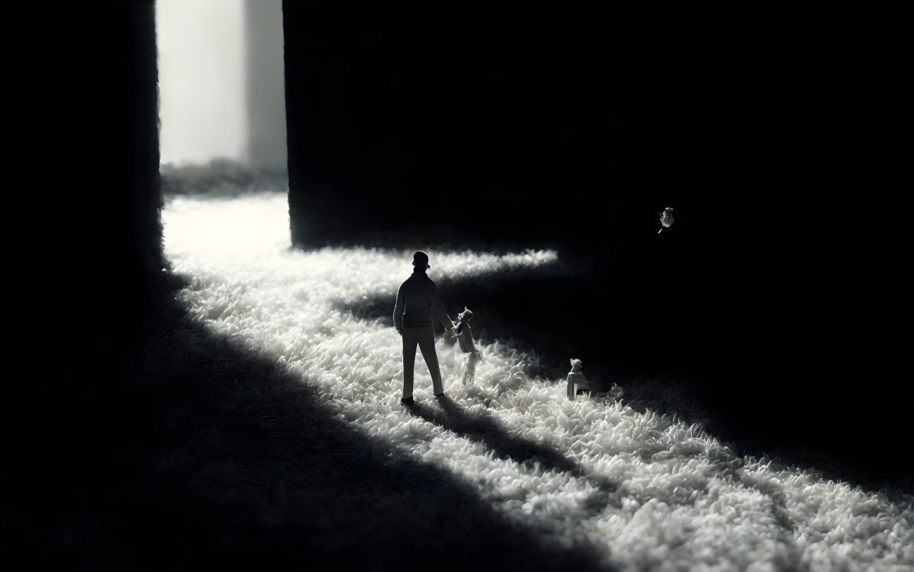 Silhouette of person and two dogs walking towards bright doorway on textured field.