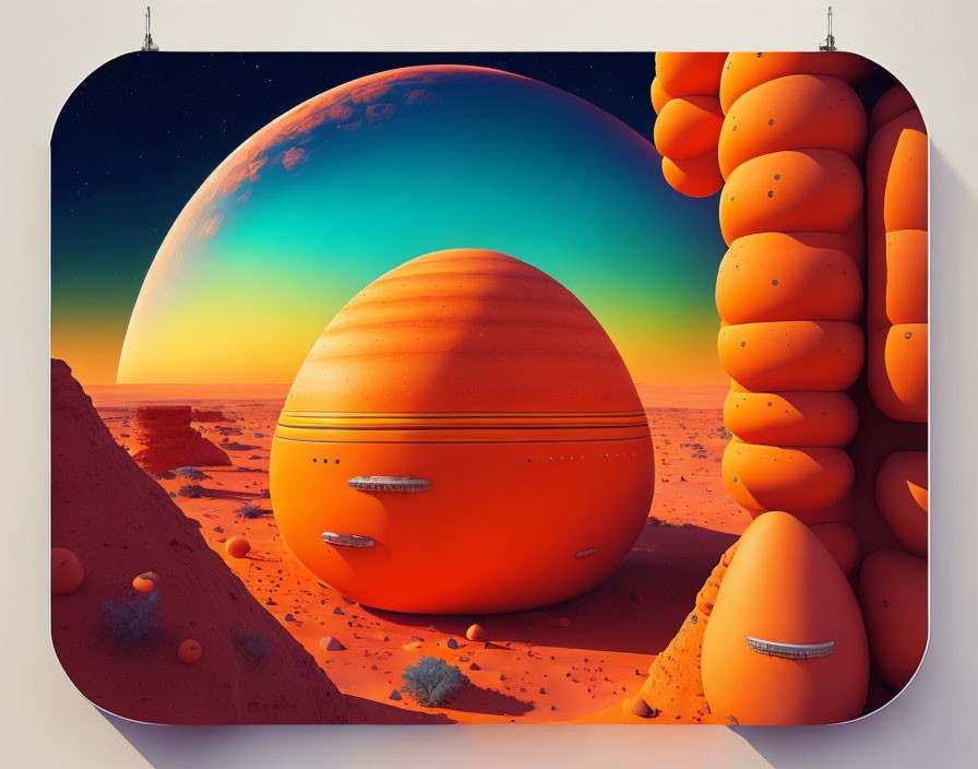 Colorful digital artwork of alien desert landscape with orange spherical structures and towering rock formations under a sky with