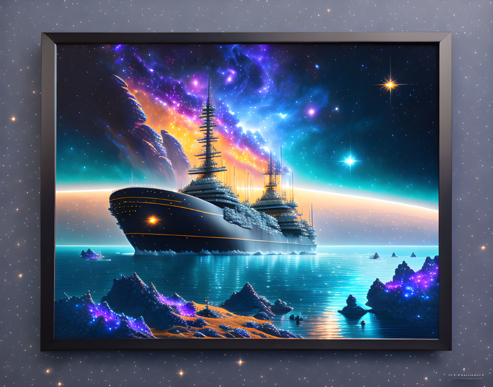 Framed digital artwork: Mystical sailing ships on tranquil sea under cosmic sky