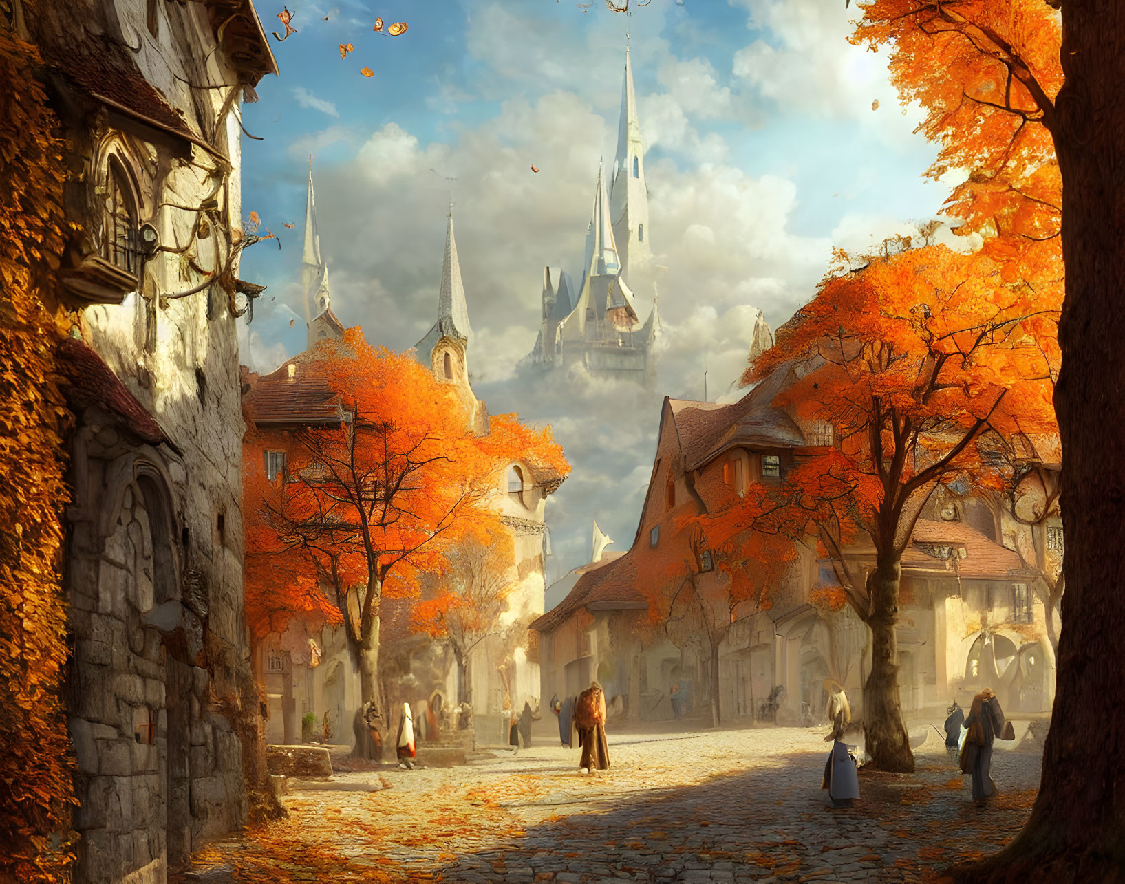 Medieval village in autumn with cobblestone streets, castle, and townsfolk