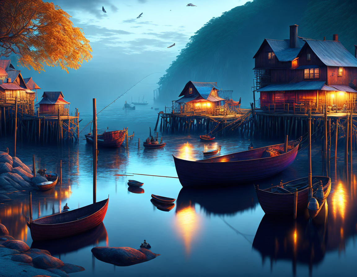 Tranquil waterfront village at twilight with stilt houses, boats, and autumnal tree.