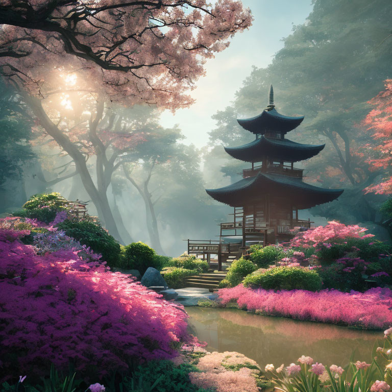 Tranquil pagoda amidst cherry blossoms and lush forest scene