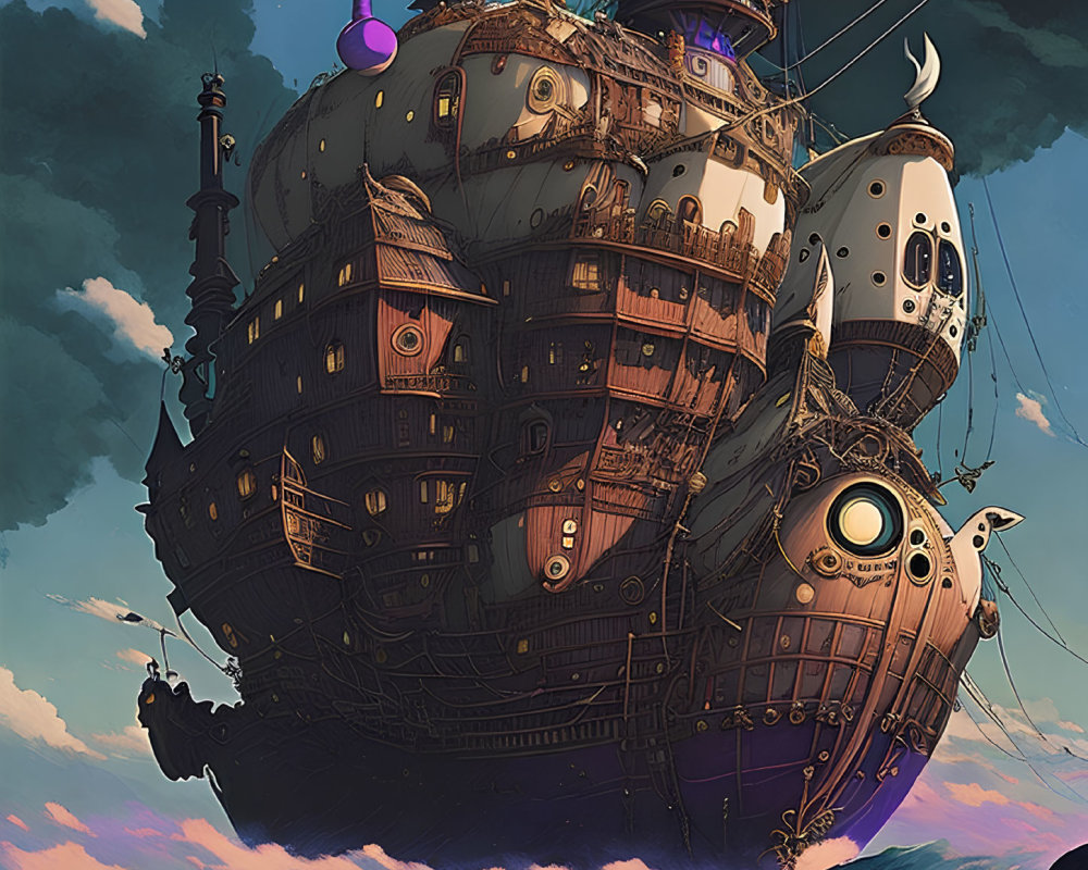 Fantastical floating ship with eclectic architecture sailing in sunset-tinted skies