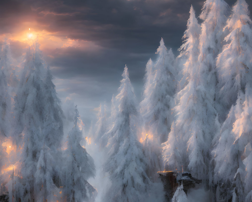 Winter sunrise illuminates snow-covered fir trees in misty landscape