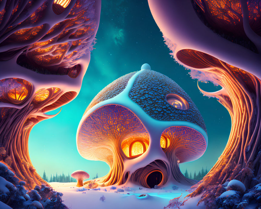 Enchanting Winter Scene: Mushroom House, Twisted Trees, Starry Sky