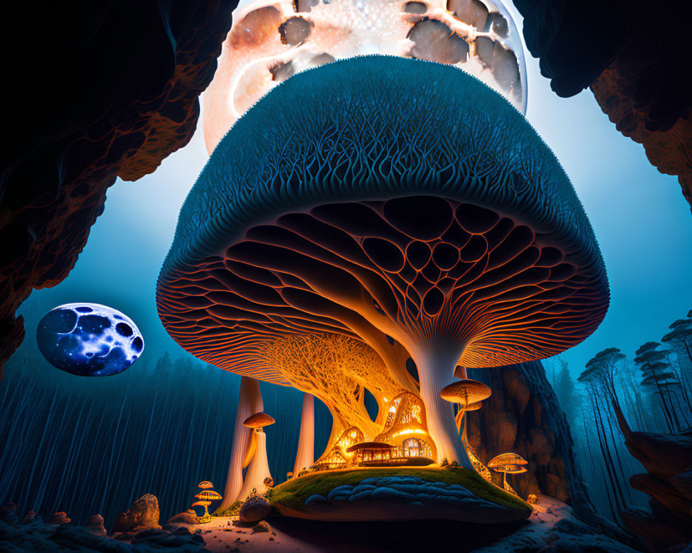 Surreal Landscape with Glowing Mushrooms and Distant Moon