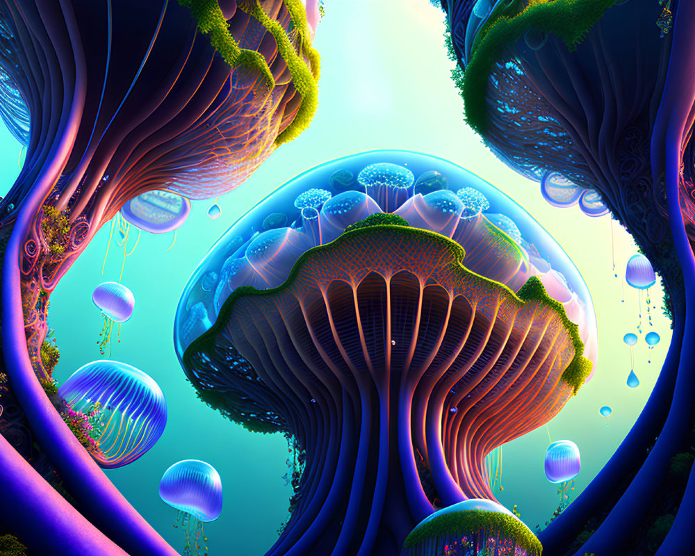 Vivid underwater scene with neon jellyfish and alien-like flora