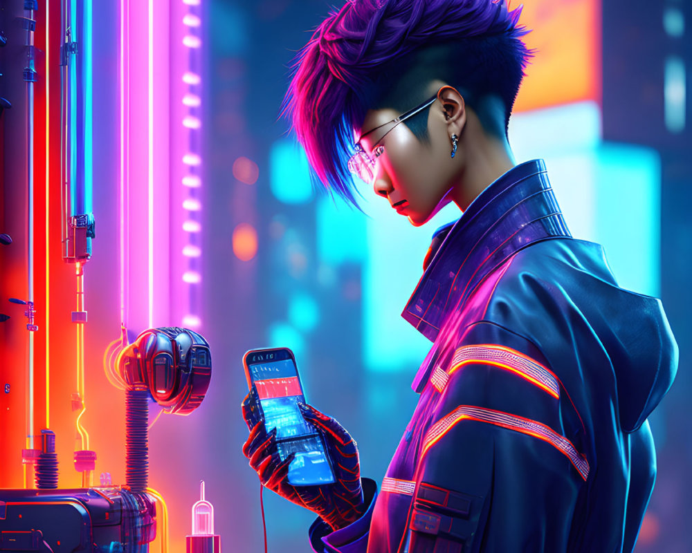 Person with punk hairstyle and glasses in futuristic jacket on smartphone in neon-lit urban setting