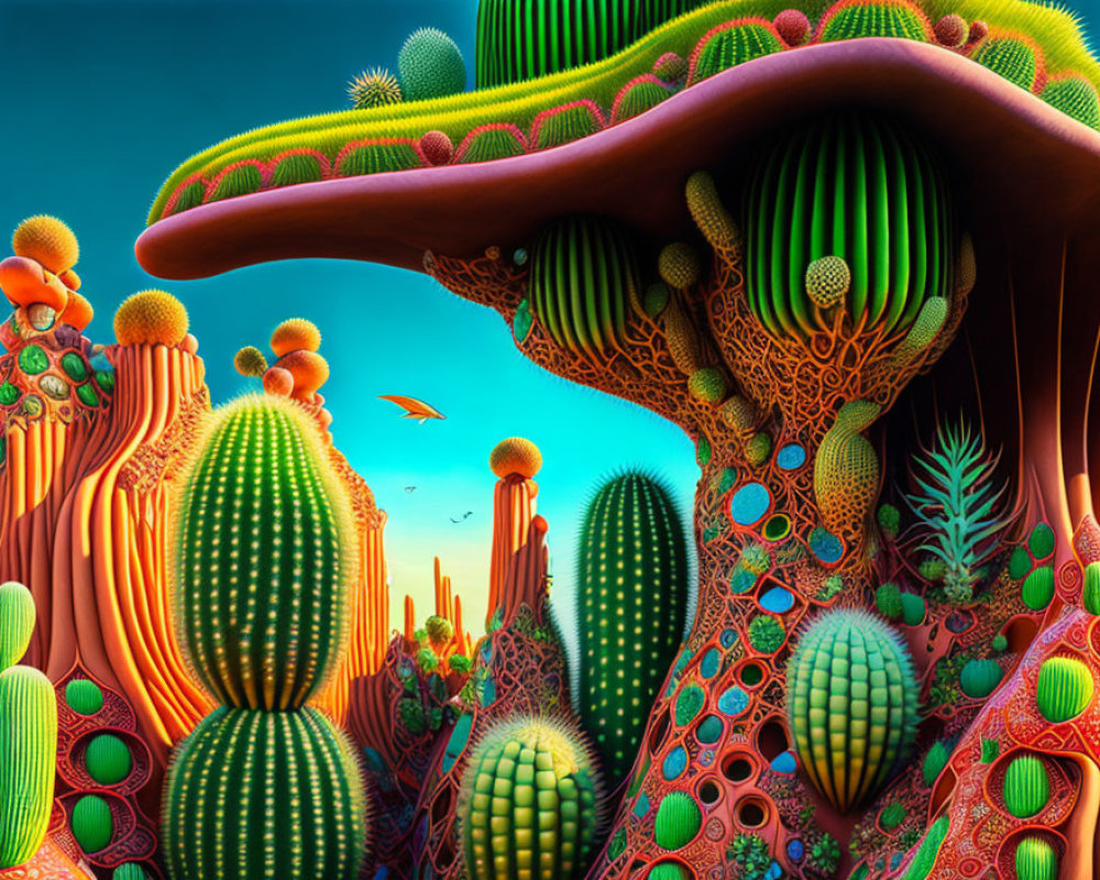 Colorful surreal landscape with mushroom-like structures and cacti against blue sky