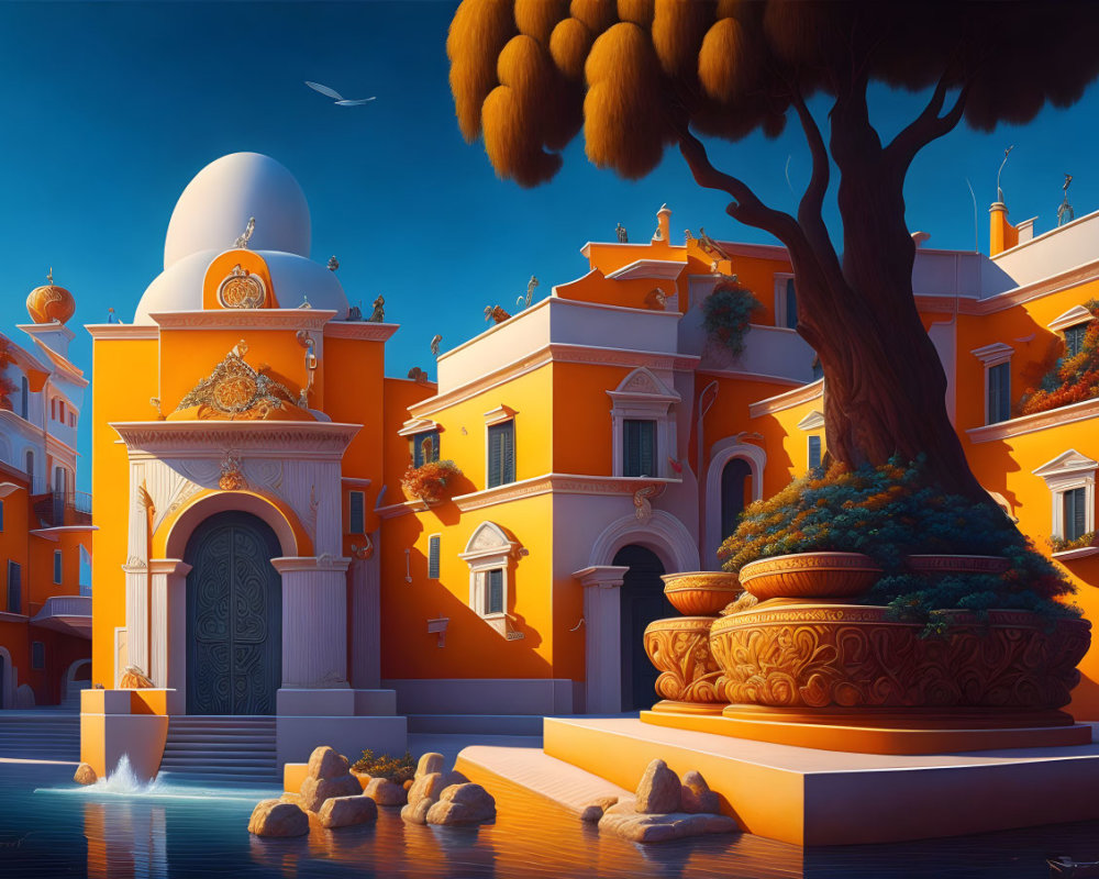 Mediterranean-style Buildings with Arches, Domes, Tree, Water, and Seag