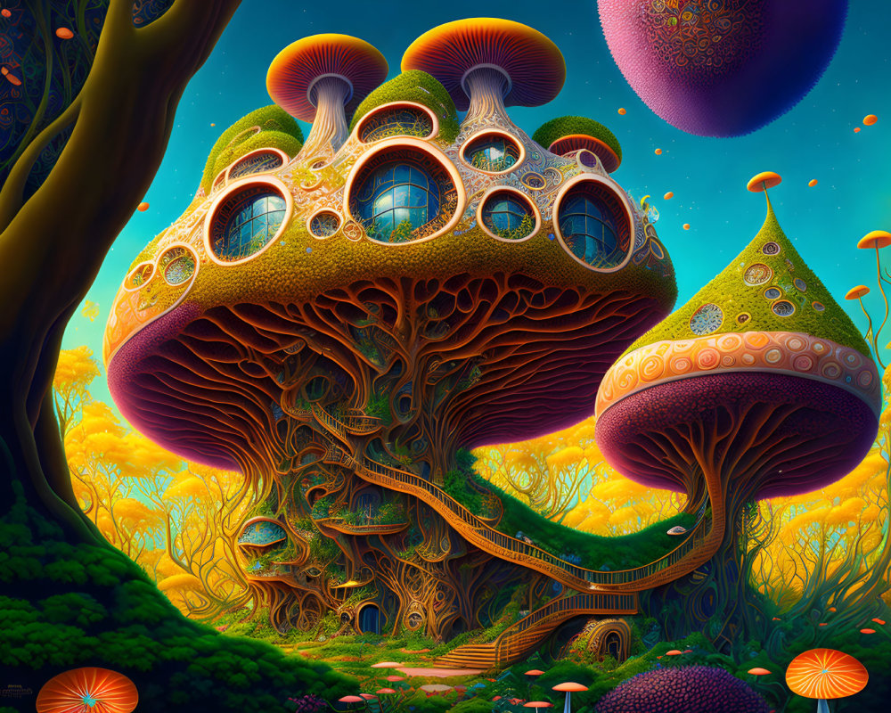 Fantastical landscape with mushroom trees, staircases, and floating orbs.