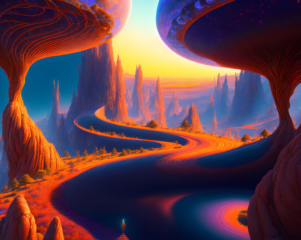 Vibrant surreal landscape with massive mushrooms, winding path, solitary figure, alien sky, giant planets