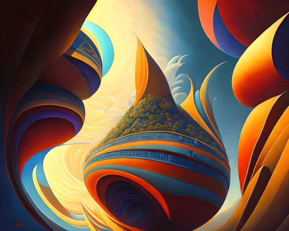 Colorful Surrealist Painting with Swirling Shapes and Floating Island