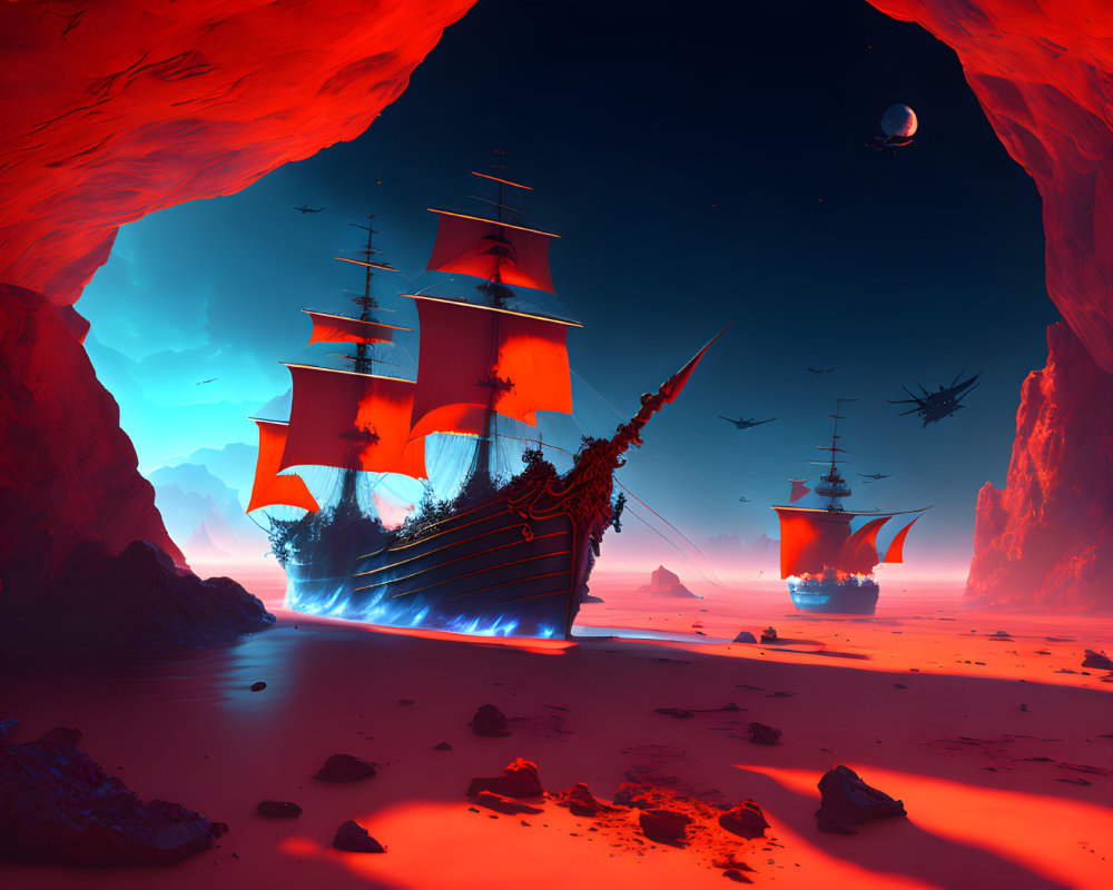 Fantastical image of glowing sail ships on crimson alien landscape