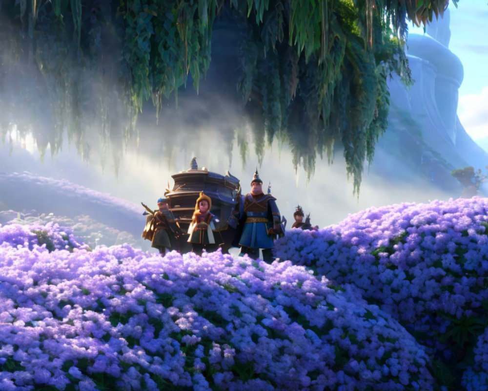 Colorful animated characters in a purple flower field with a magical wagon and foggy forest.