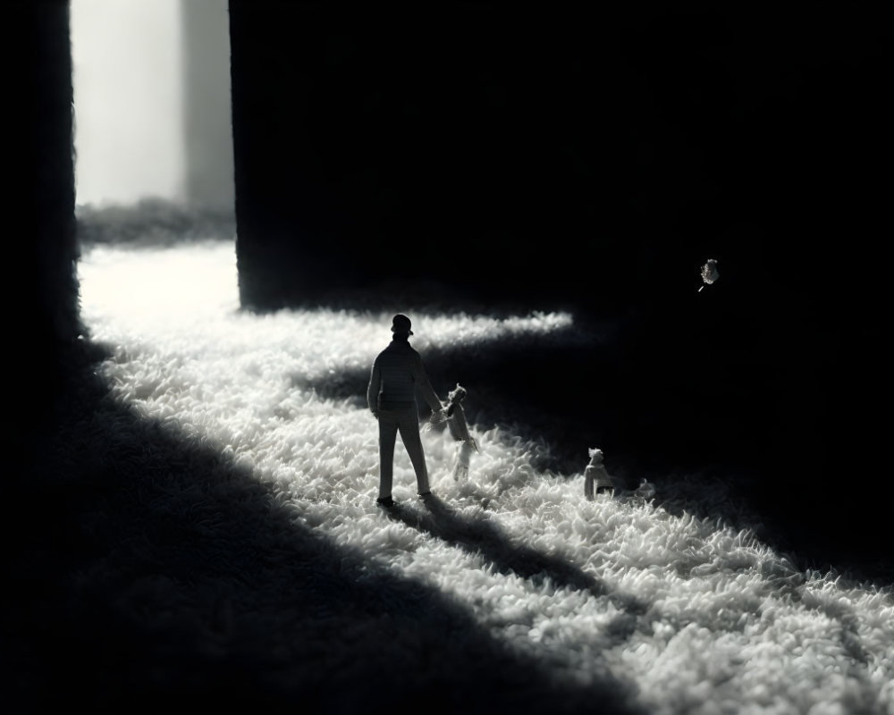 Silhouette of person and two dogs walking towards bright doorway on textured field.