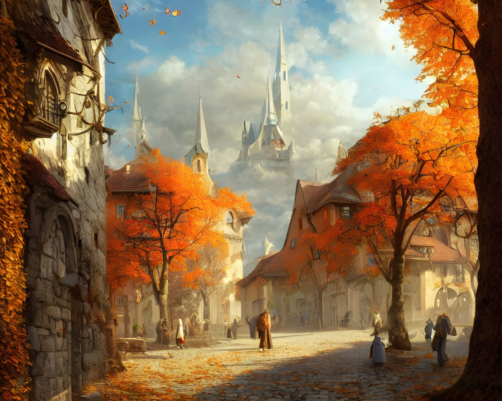 Medieval village in autumn with cobblestone streets, castle, and townsfolk