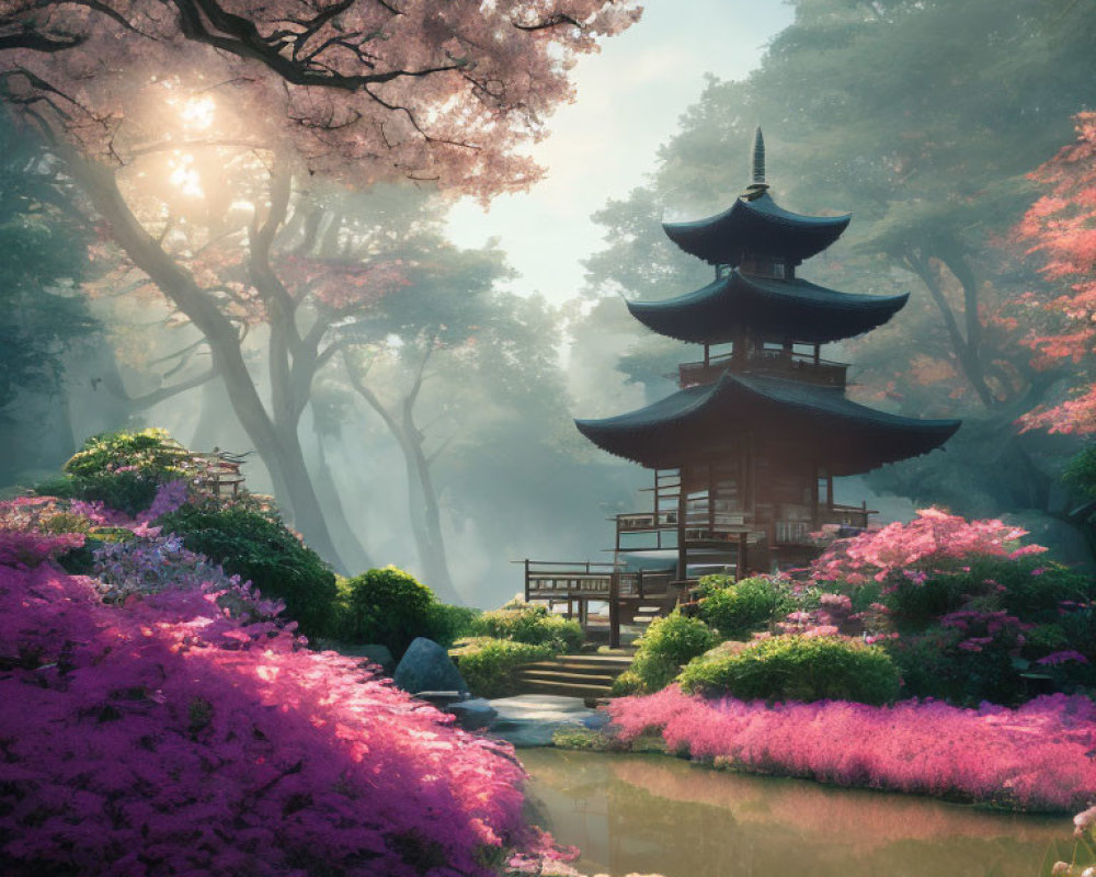 Tranquil pagoda amidst cherry blossoms and lush forest scene