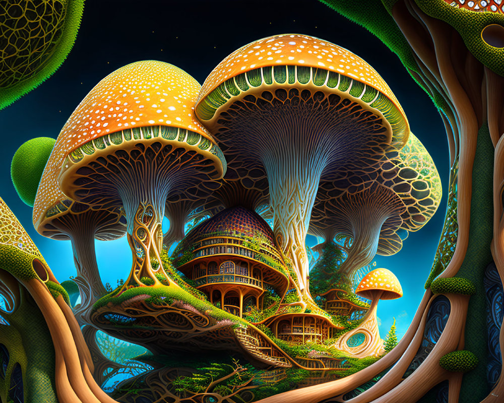 Fantastical mushrooms and treehouse in night sky