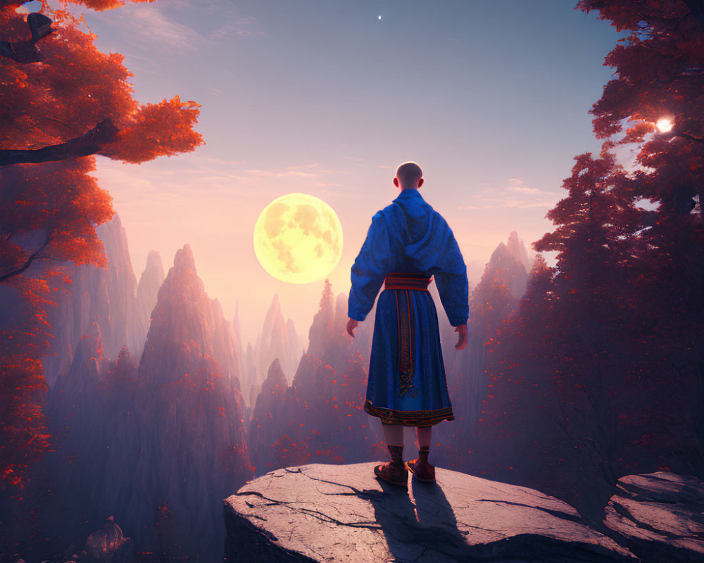 Person in Blue Robe on Cliff Overlooking Mountain Range at Sunset