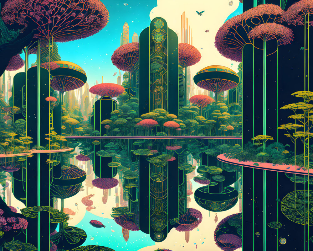 Futuristic landscape with tall structures and oversized mushroom-like flora