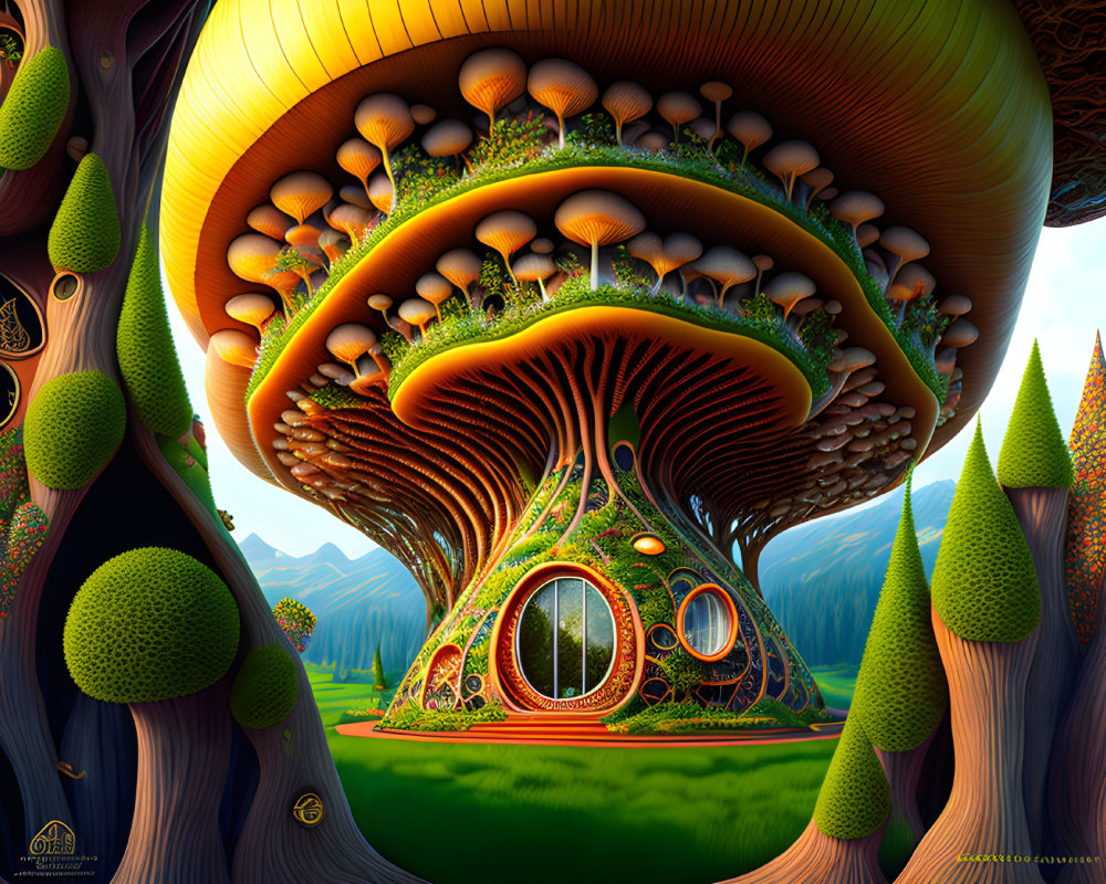 Colorful Artwork: Whimsical Mushroom House in Fantastical Forest