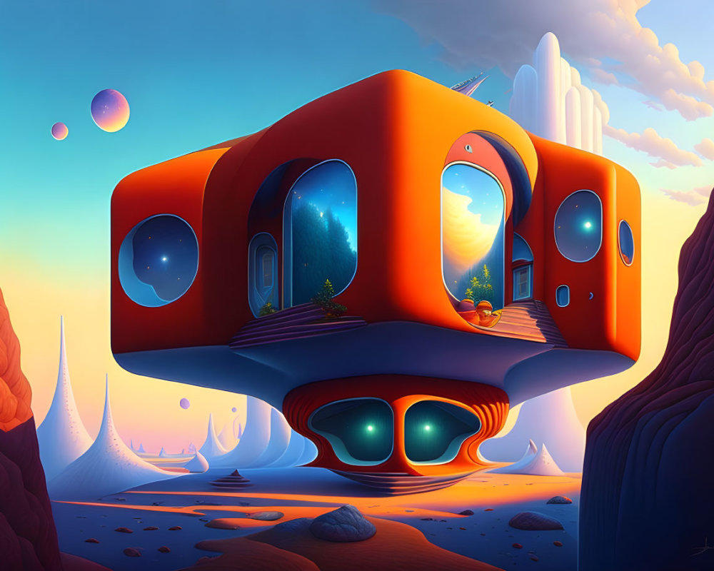 Surreal floating house in colorful alien landscape