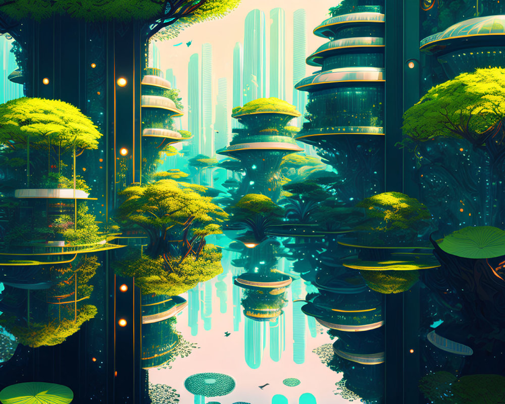 Futuristic sci-fi cityscape with lush greenery and reflective water