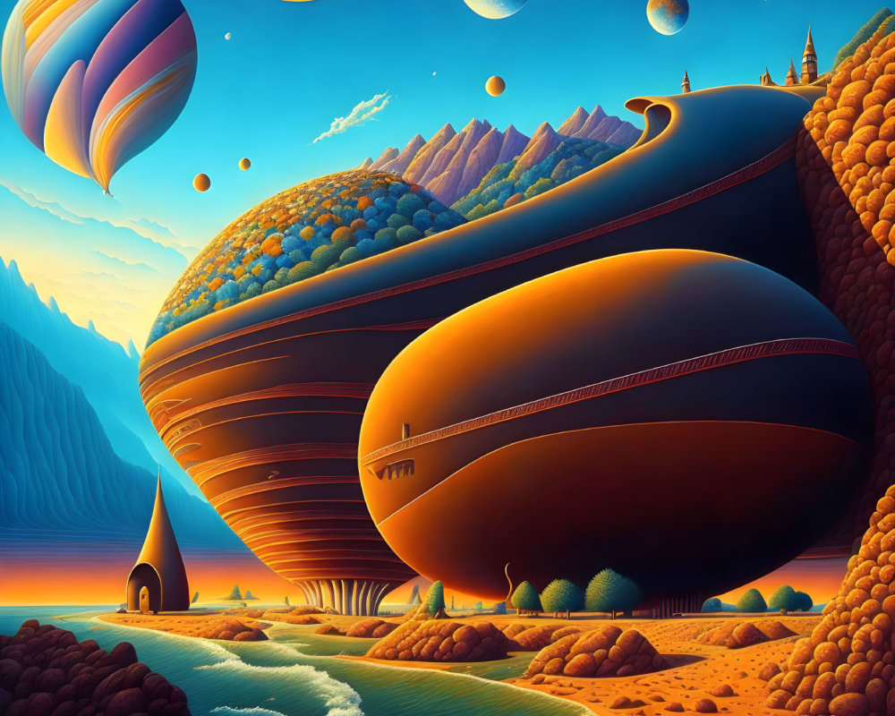 Vibrant surreal landscape with floating islands and hot air balloons