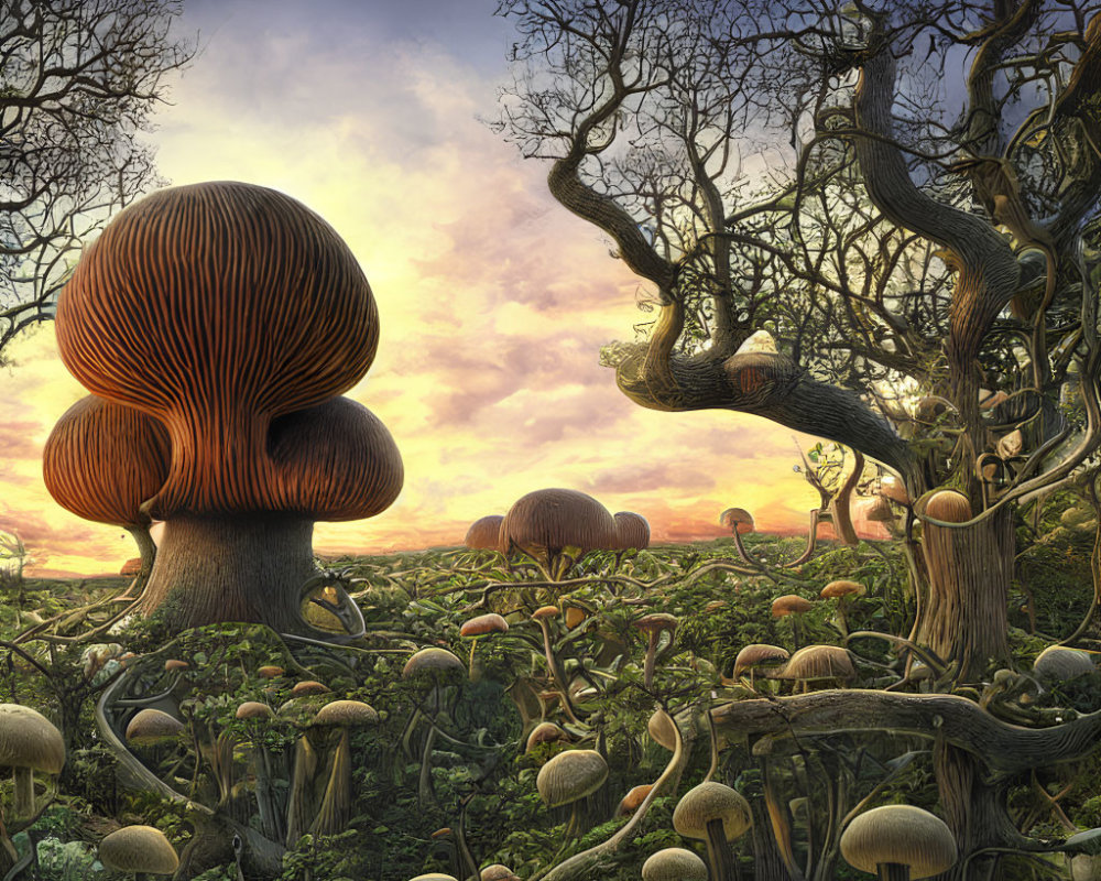 Surreal landscape with oversized mushrooms and twisted trees under warm pastel sunset sky