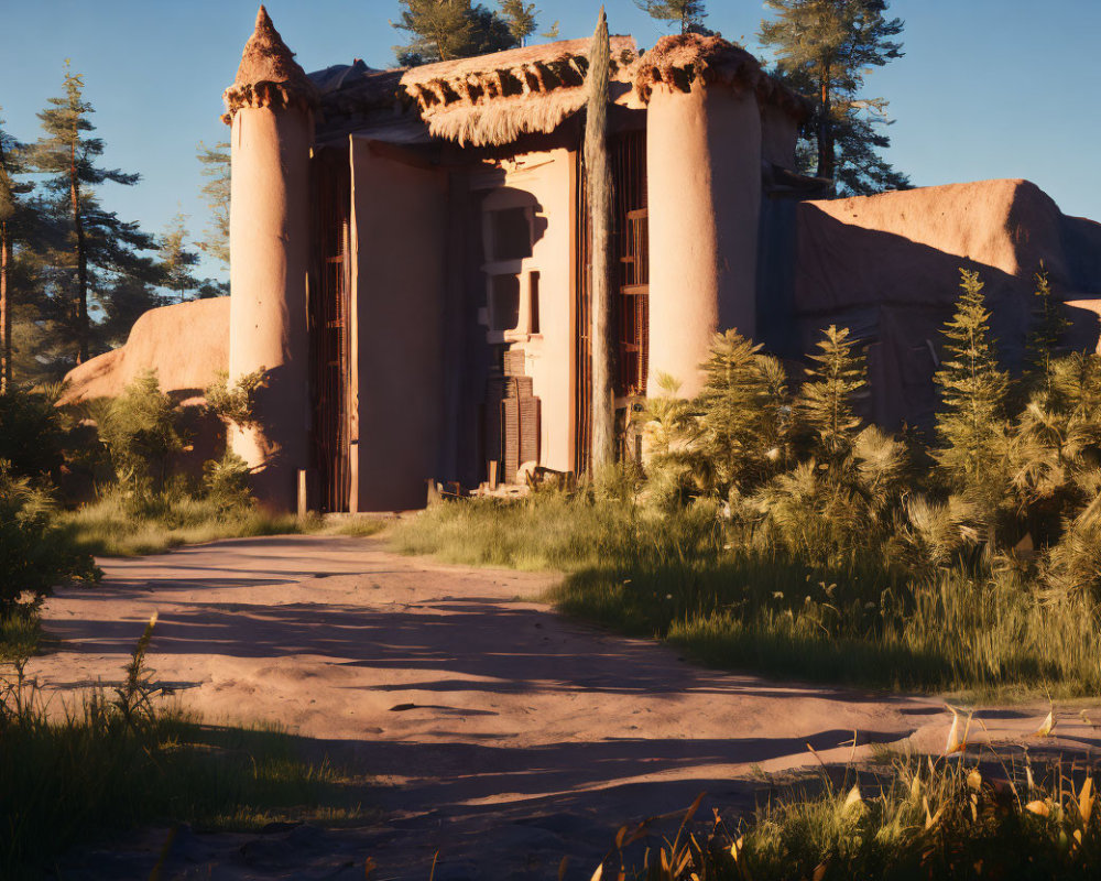 Tranquil pathway to weathered building with ornate pillars surrounded by lush greenery