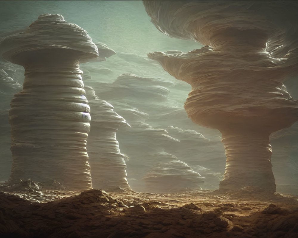 Surreal landscape with towering spiral rock formations under golden sky